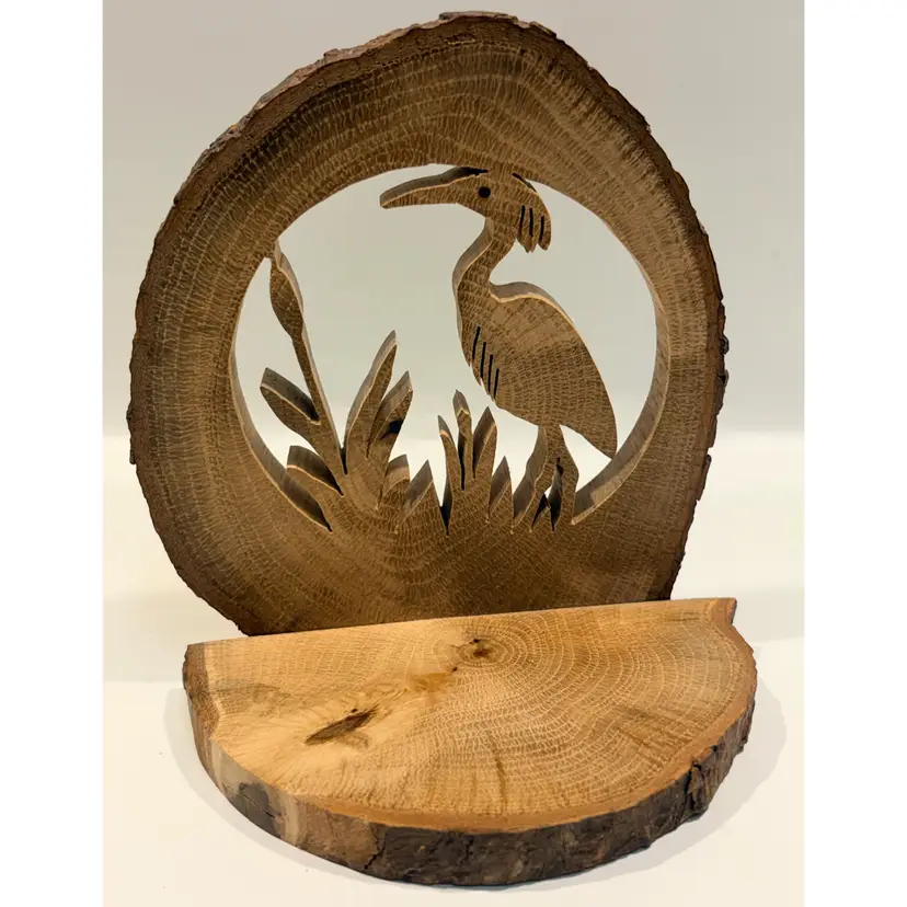 Hand Carved “Wooden Shadows of Nature” Signed By Dale- Heron Shorebird- Shelf-  Live Edge Wood Slice 4.75” H  - 3” D - 4” W