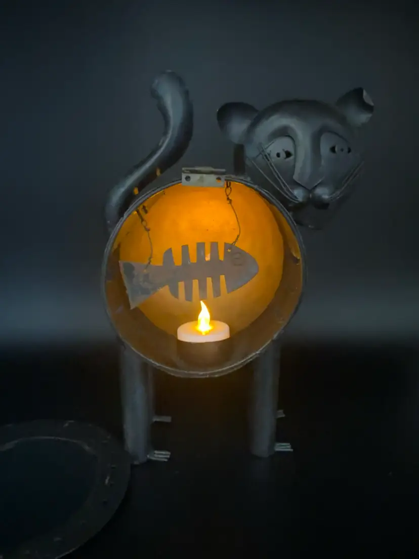 Metalwork Folk Art “Cat 🐈‍⬛ Ate The Fish 🐟” Lantern Candle Holder 9.5” AS IS