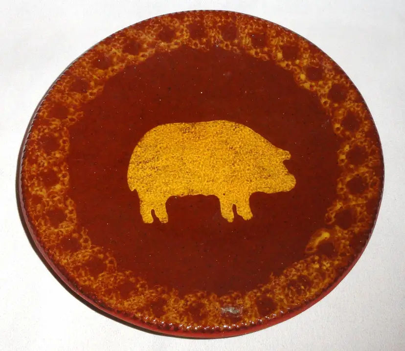 Signed Foltz Redware Pig Plate ~ 1983 Folk Art Pottery ~ Coggle Edge ~ 9” Spongeware