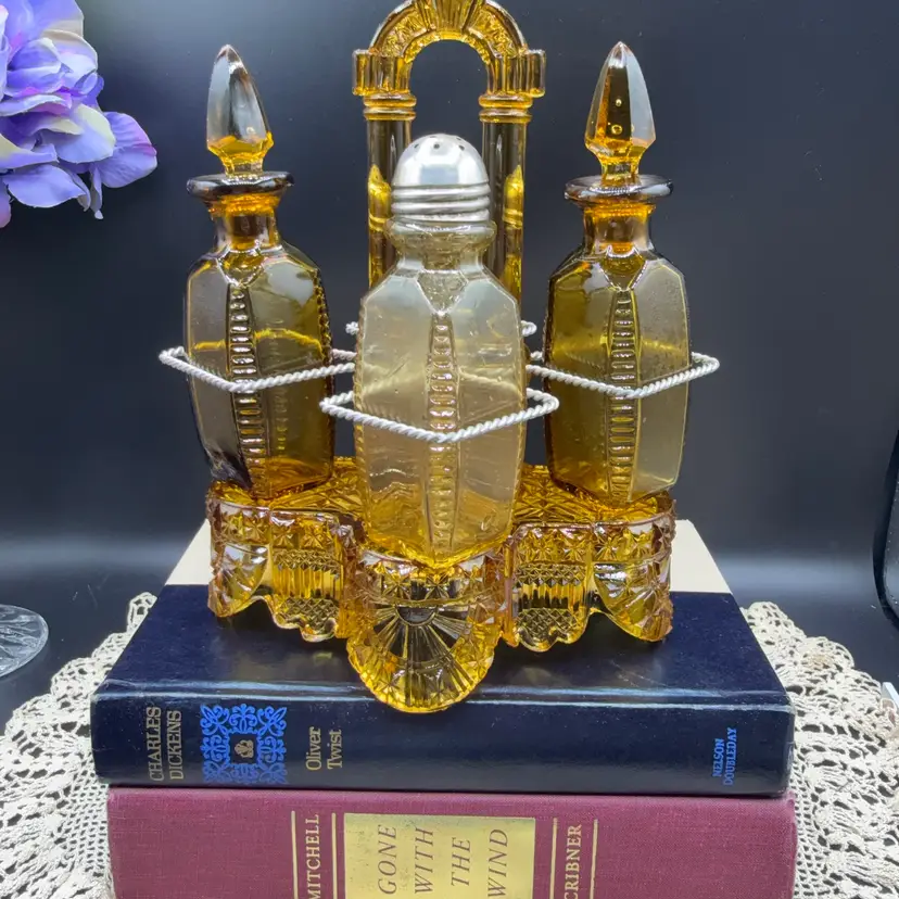 🐞Vtg Antique 1880s Amber EAPG 4-Bottle Condiment Castor Set 8x6.5” UV Glow
