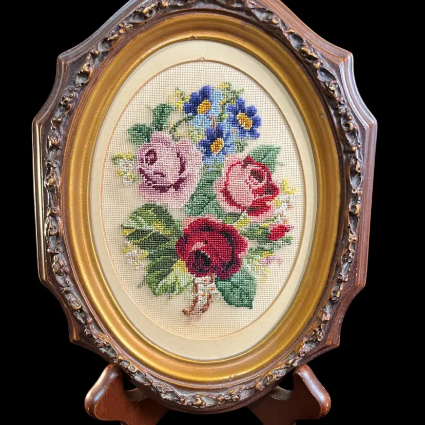 Vintage Floral Needlepoint in Gold Gilded Oval Frame
