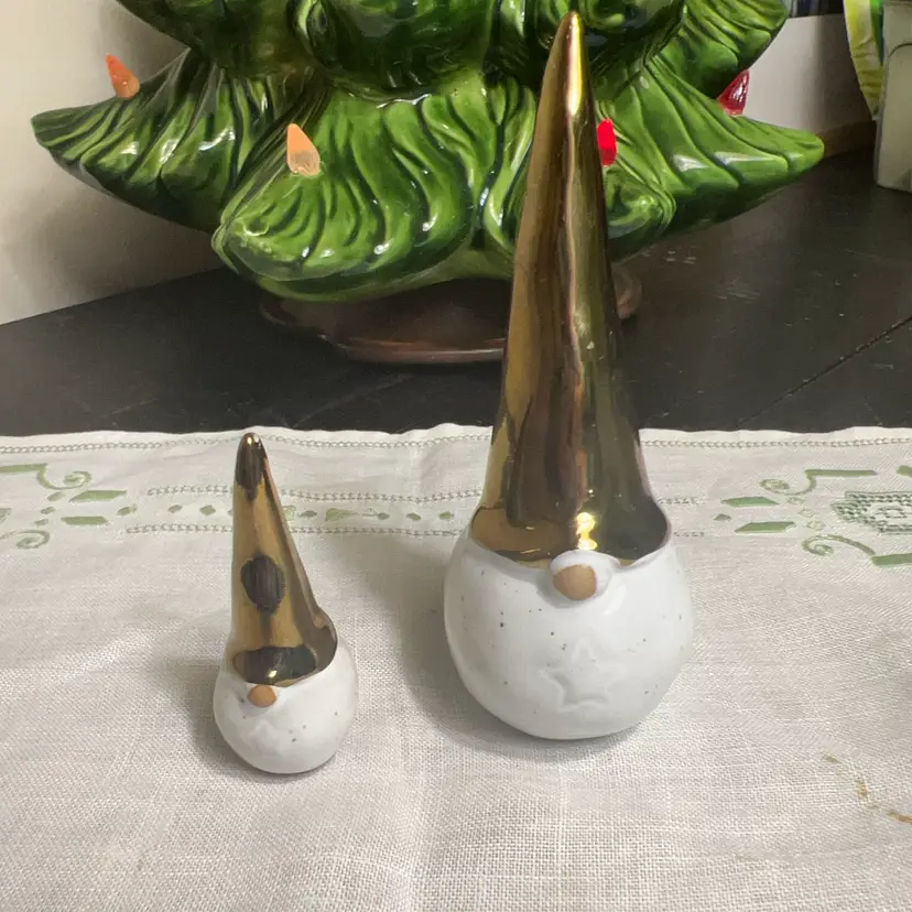 Vintage Naasgrandsgarden Set Of 2 Santa Gnome Figures White Glazed Gold Tone Hat  3” & 5”