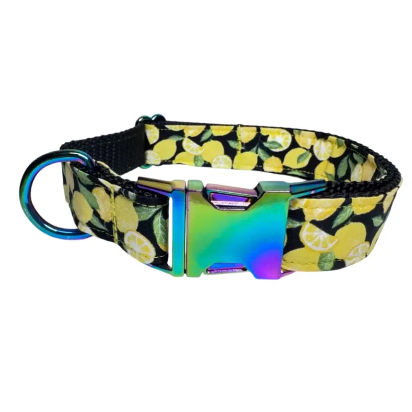 Dog Collar Yellow Lemon Vintage Print Large Handmade Heavy Duty W/Buckle NEW