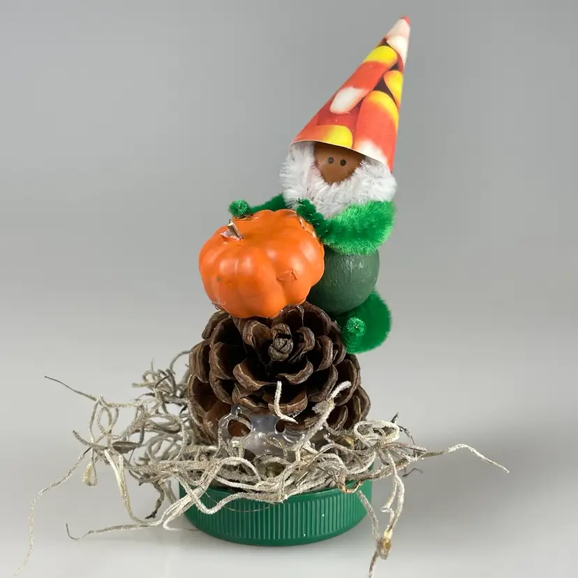 Chenille Sprite Gnome With Pumpkin on Pinecone on Bottle Cap Mini Halloween Fall Decor 4.5"