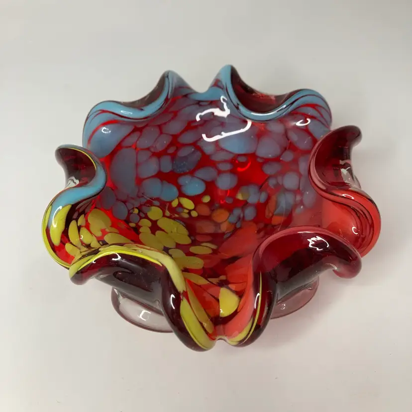 Vintage Ruffled Colorful Glass Bowl  2 3/4” Tall 6 1/2” Wide! A Couple of internal fractures from manufacturing, as seen in photos!