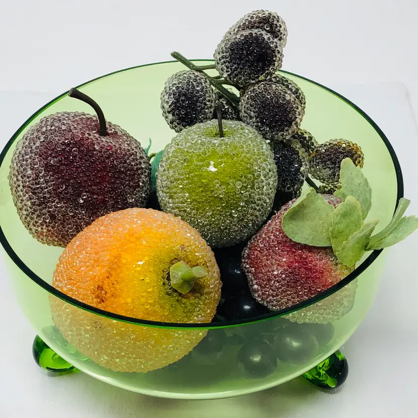 Green Glass Bowl with Vintage Glass Bead Sugared Fruit