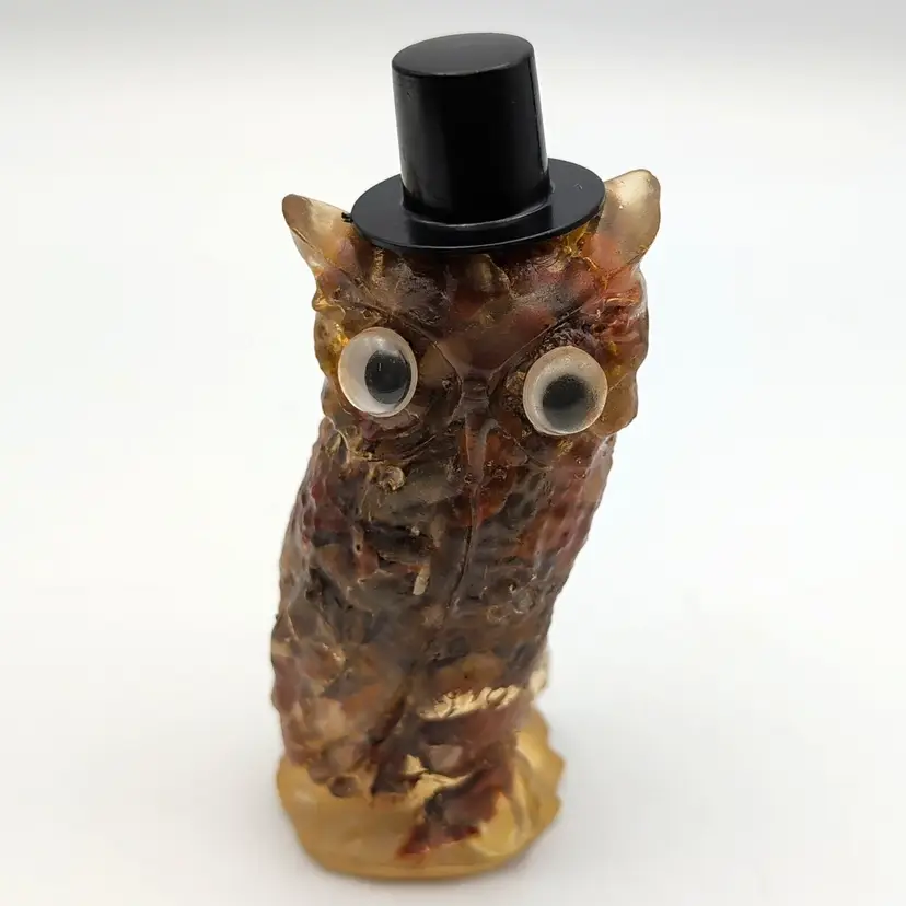 Vintage Lucite Vomit Art Owl in Black Top Hat Petrified Wood Figurine 70s