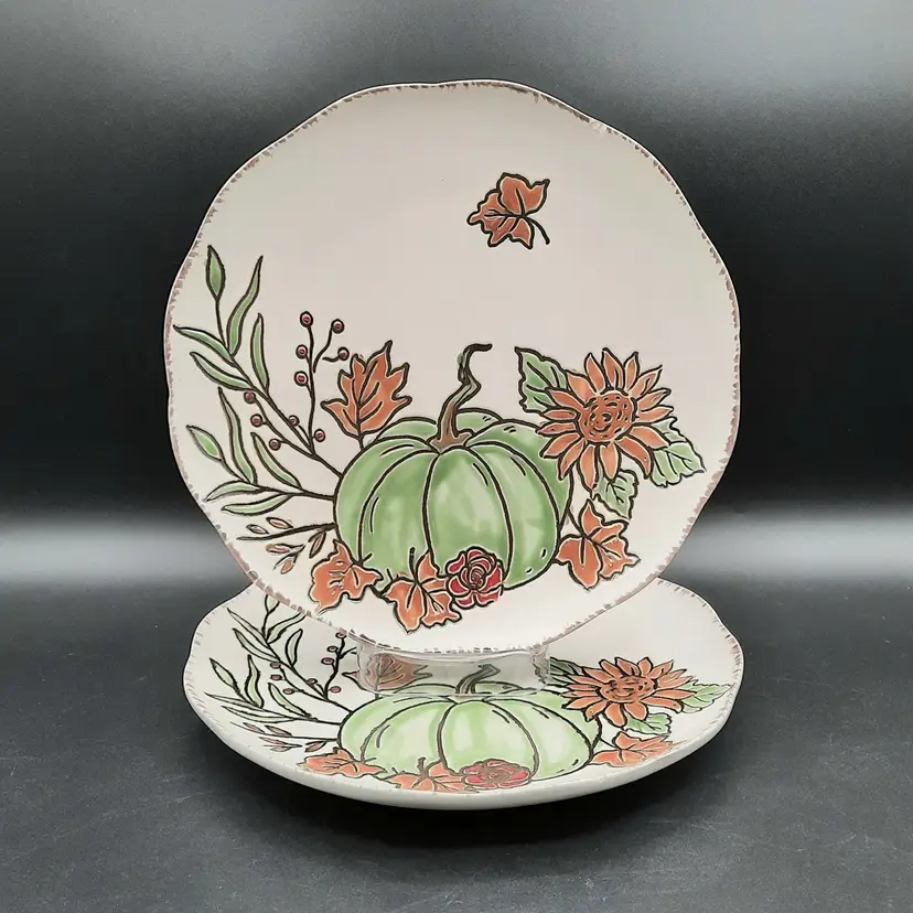 Eli + Anna Plates Green Pumpkin Orange Flowers Fall Harvest Thanksgiving Set of 2 READ
