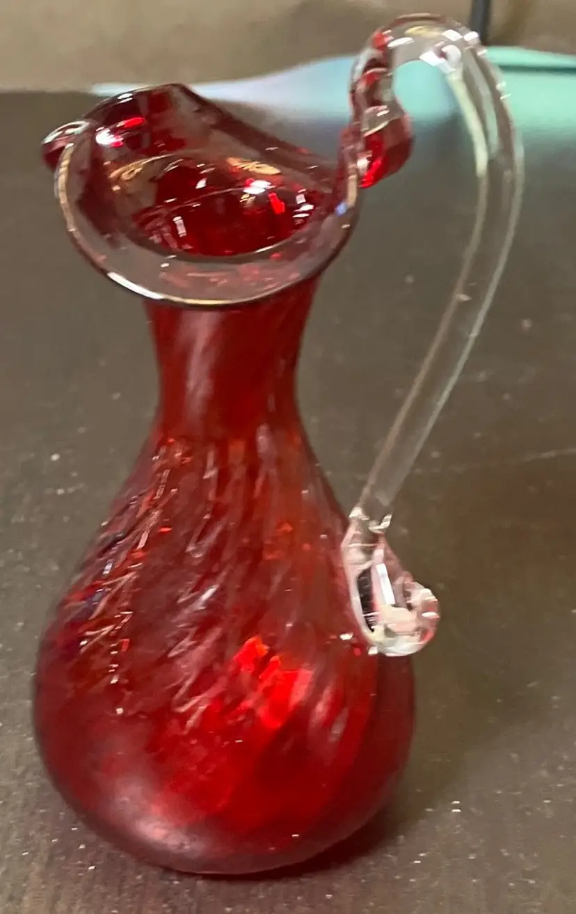 VTG Hand Blown Ruby Red Swirl Art Glass Pitcher Vase