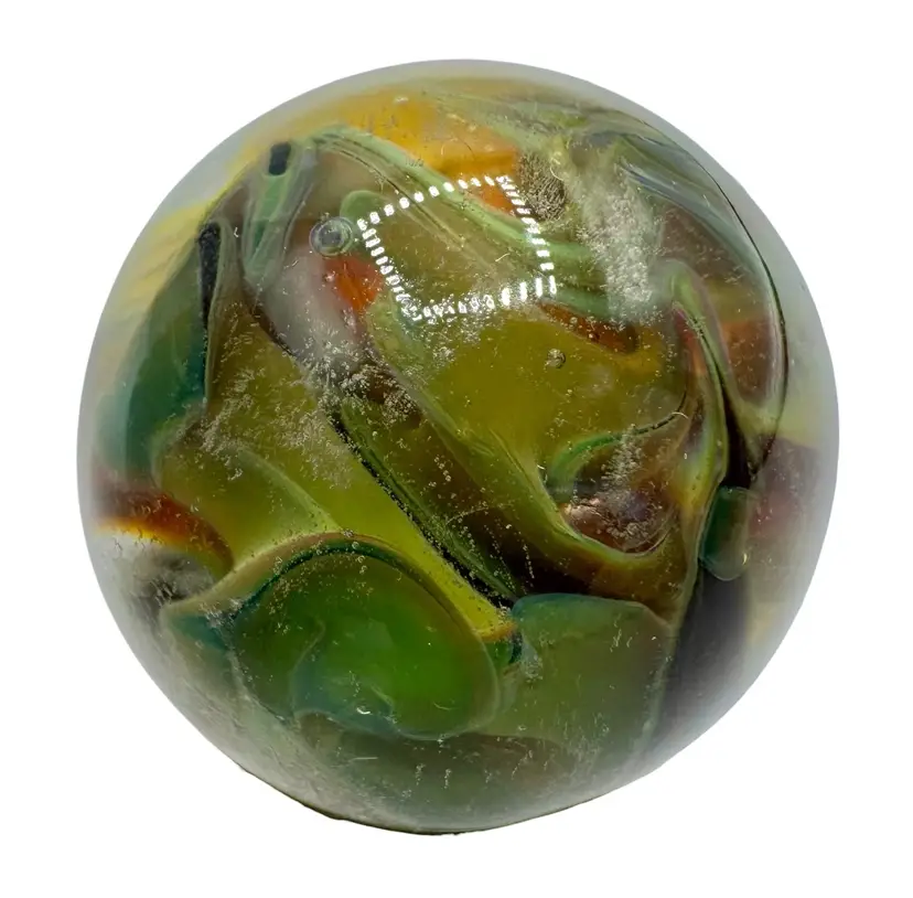 Handmade Art Glass Marble Multicolored Swirl Olive Green Black Blue Bubbles 1”