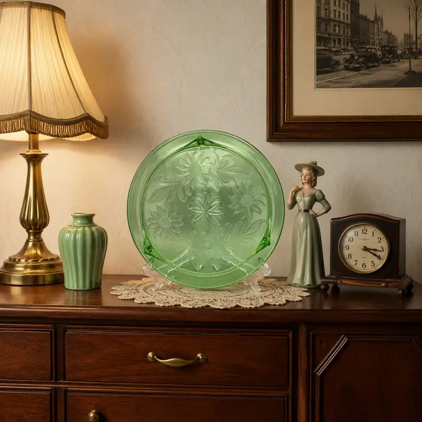 Vintage Jeanette Green "Daisy" Pattern Depression Glass Legged Platter