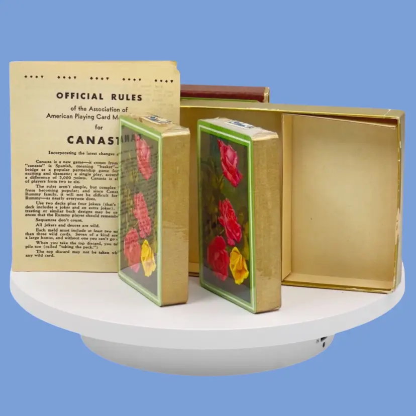 #115- Canasta Playing Cards Ephemera Canasta Game Rose Sealed & Stamped Gold Edge Original Box & Instructions