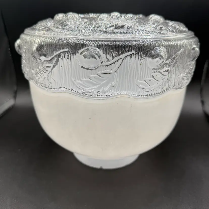 Vintage Mid Century Art Deco Clear Embossed Leaf White Milk Glass Light Shade