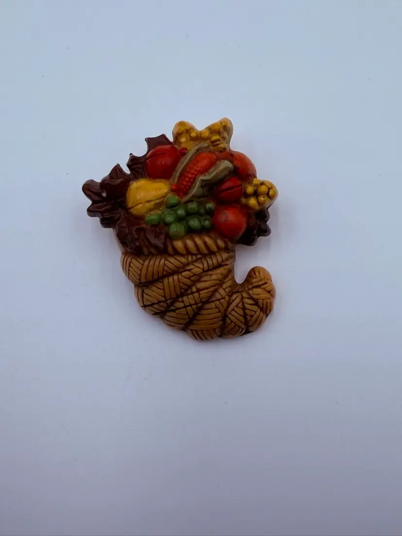 2” Vintage Hallmark Cards Multicolor Plastic Cornucopia Brooch Pin Thanksgiving