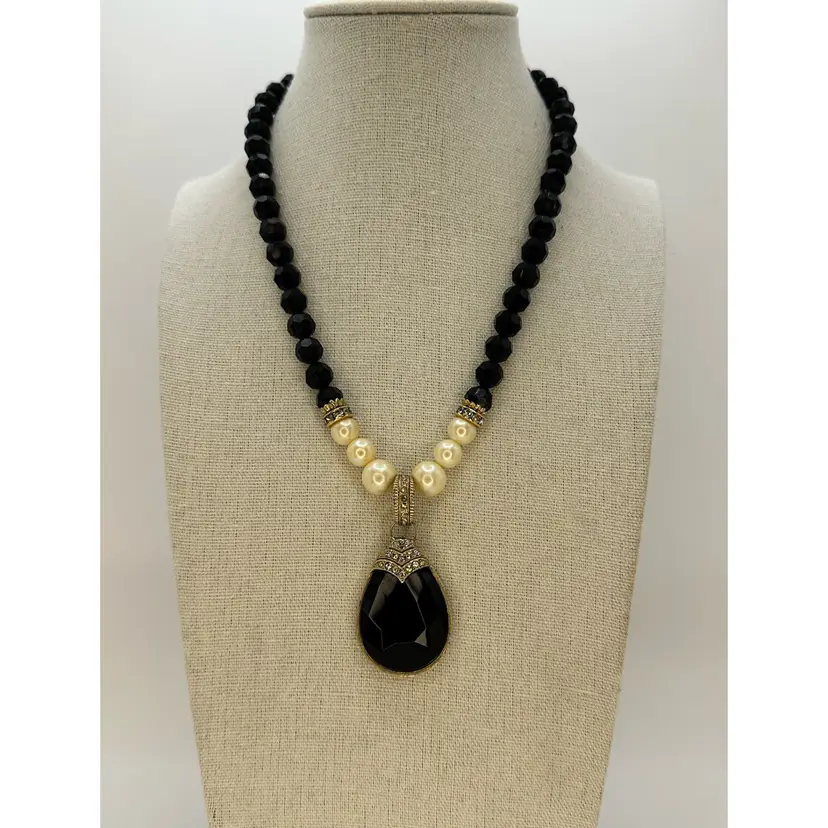 1928 Black Bead, Rhinestone, & Faux Pearl Necklace