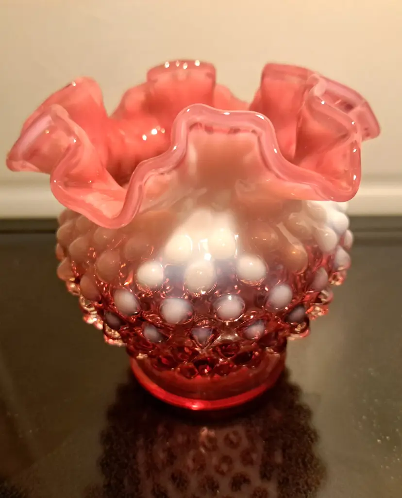 Fenton Cranberry Opalescent Hobnail Rose Bowl Vase Crimped Edge