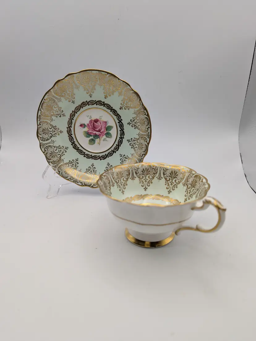 Vintage Paragon Cup & Saucer Set Mint Green Roses,Gold trim Royal Double Warrant