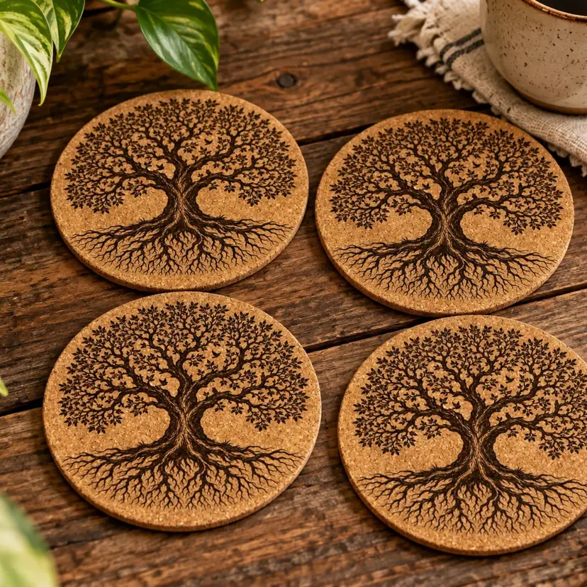 Set of 4 Laser-Engraved Tree of Life Cork Coasters | Intricate Roots & Branches Design | Rustic Boho Farmhouse Home Décor