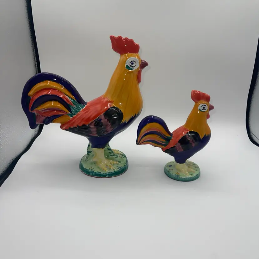 Herend Hungary Handpainted Village Pottery Ceramic Rooster Figurine Set Of 2