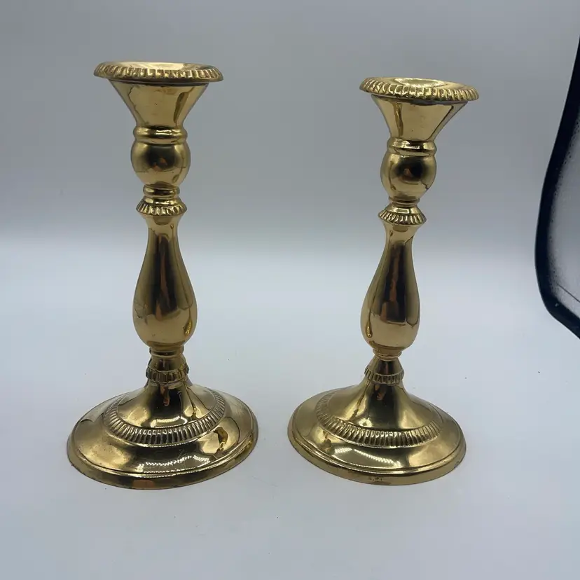Brass Candle Six Oval Design, 9 Inches Tall Set Of Two