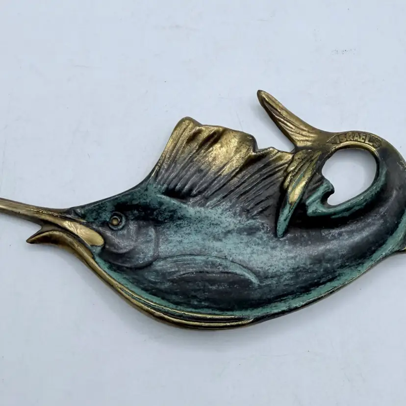 Vintage Israel Bronze Brass Green Modernist Swordfish Marlin Fish Ashtray Dish