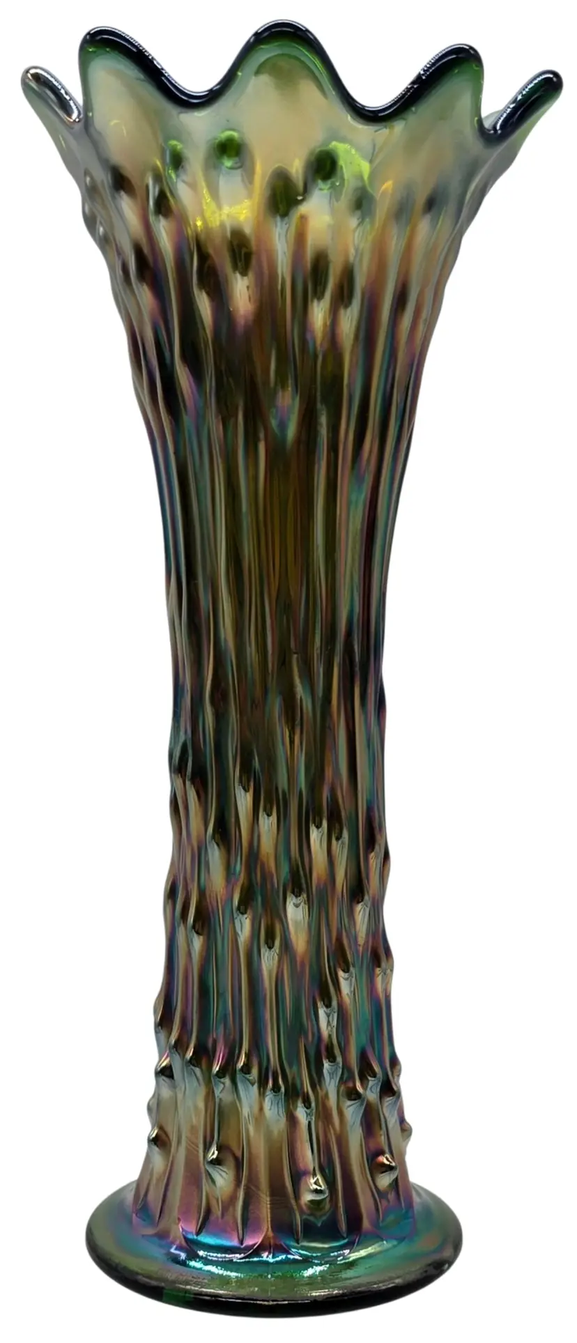FENTON GREEN APRIL SHOWERS VASE WITH PEACOCK TAIL INTERIOR 10" TALL
