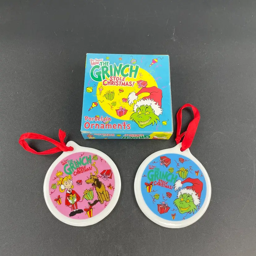 Dr. Seuss The Grinch Ceramic Disk Christmas Ornaments VTG Set of 2 Original Box