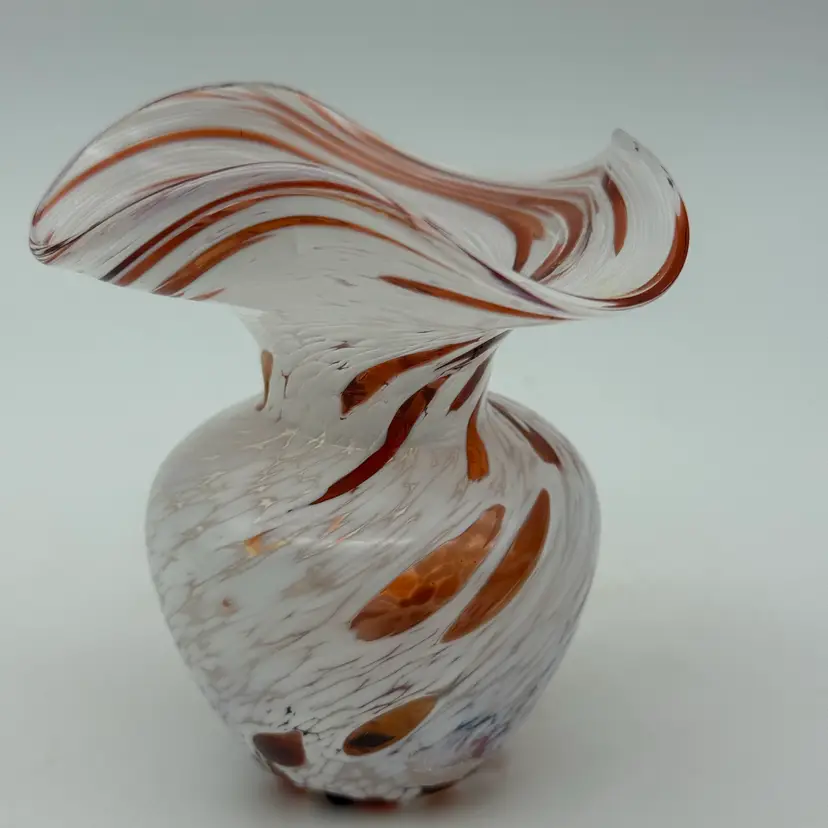 Murano Style Confetti Ruffled Art Glass Hand Blown Mid Century Modern Vase Decor