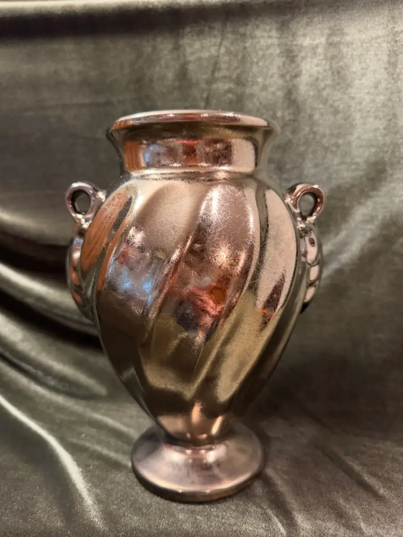 Haeger Floral Pottery Bronze Tone Double Handled Vase 9" Tall w/ Stickers