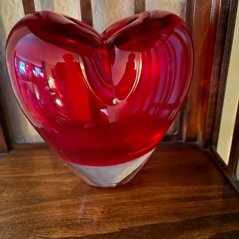 Vtg  Murano Red Heart Vase Ruby Sommerso Art Glass Salviati Style 6.5" Heavy