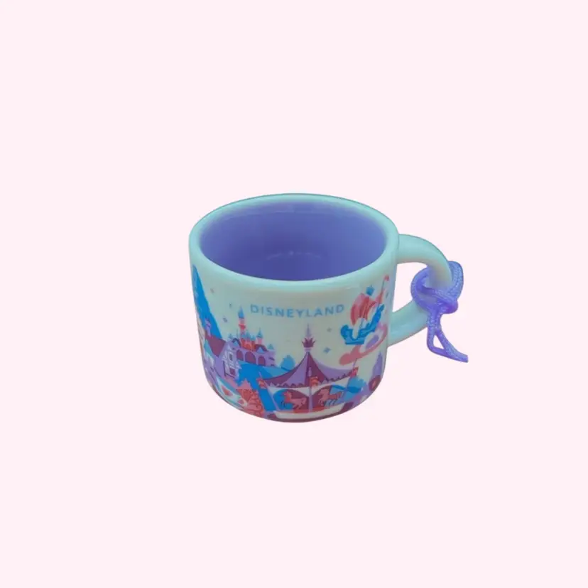 #117- Mini Demitasse Coffee Mug Ornament Starbucks Disneyland Park Magic Castle You Are Here CollectionCollectible Demitasse Princess CastleSleeping Beauty Castle, King Arthur's Carousel, and "it's a small world”