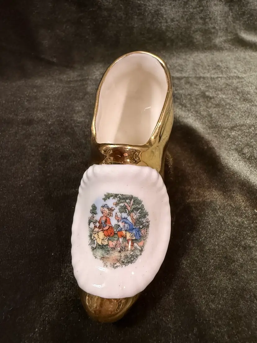 Vintage Gold Porcelain Miniature High Heel Shoe Figurine Courting Scene 2” Tall
