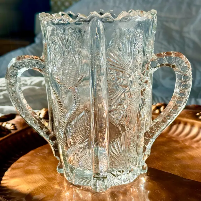 😻 Higbee Antique Cut Crystal Double Handled Celery Vase, Stunning Ornate Pattern 6” Tall