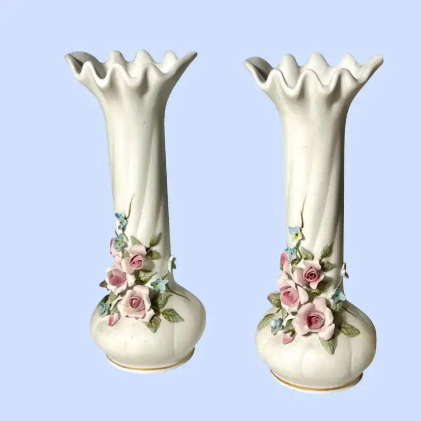 #423- Vintage Lefton Bud Vase Pair Applied Pink Blue Roses Flowers #829 Japan Bisque Porcelain Bisque