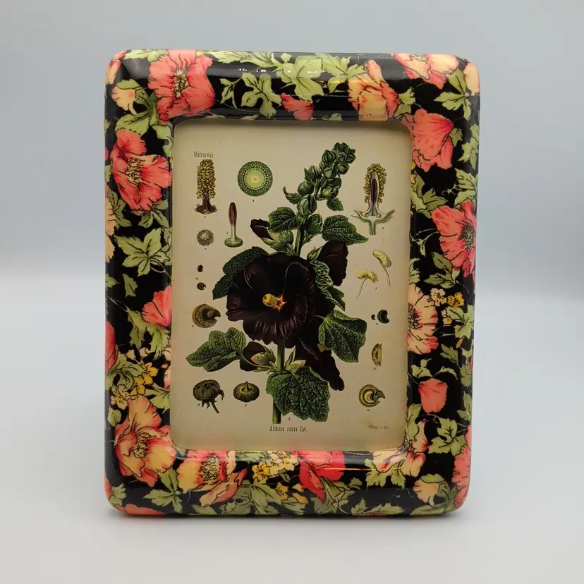 Vtg Ceramic Black & Coral Floral Hollyhock Print Photo Picture Frame 5" X 7"