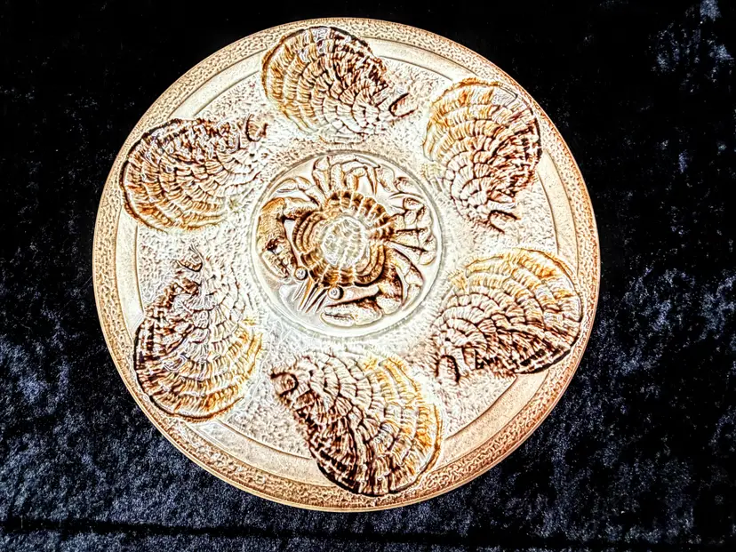 Mid-Century Sarreguemines France Turkey Oyster Plate 6 Wells 9.75" A1043