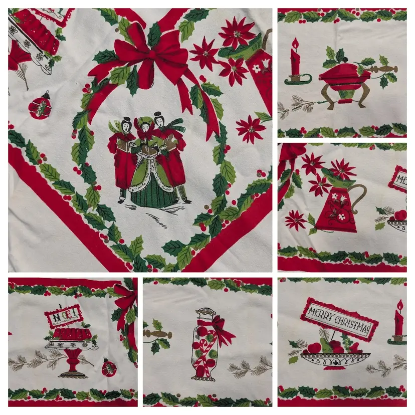 Vintage Christmas Tablecloth Carolers Jello Candy Canes Fruit STAINS 62.5x50"