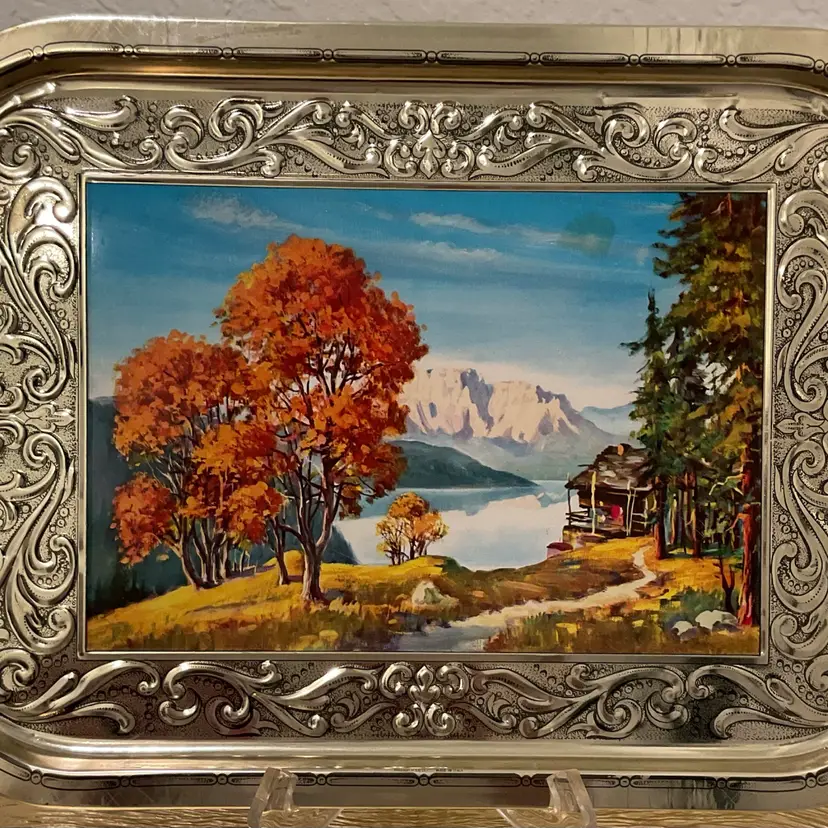 Metal Serving Tray Lakeside Autumn Landscape