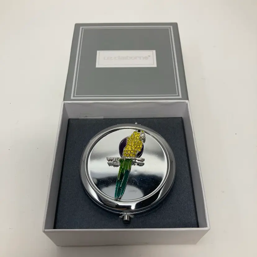 Rhinestone And Enamel Parrot Mirrored Compact! By Liz Claiborne! New In Box! 3” Compact!