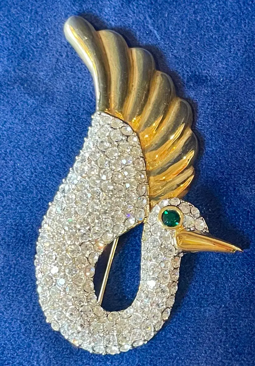 Vintage Gold Tone Pavé Rhinestone Swan Brooch Pin Green Eye