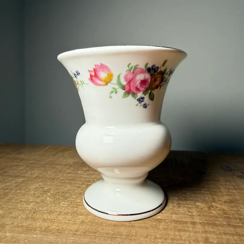 Queensway Fine Bone China Floral Pedestal Vase, Made in Staffordshire England