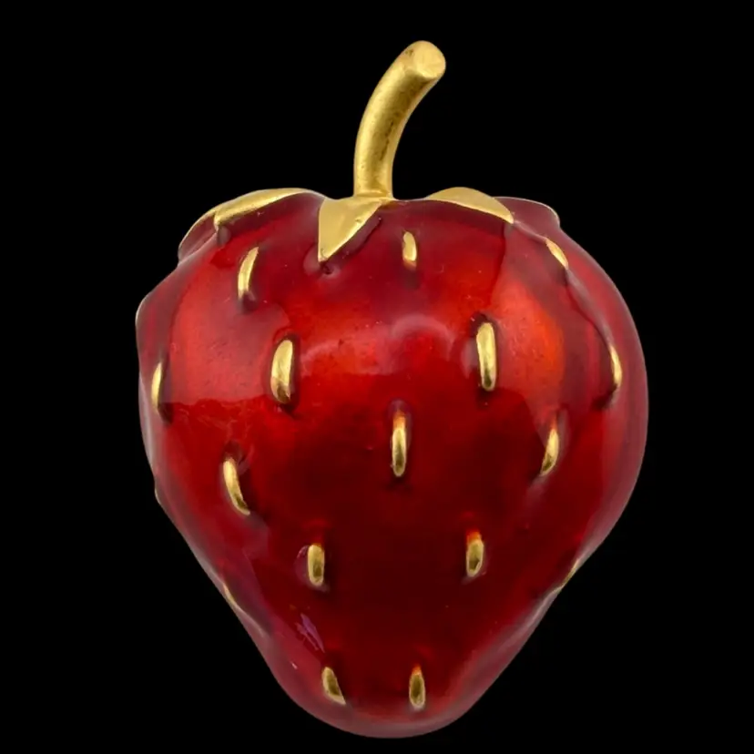 Gold Tone Enamel Strawberry Brooch 1 1/2"