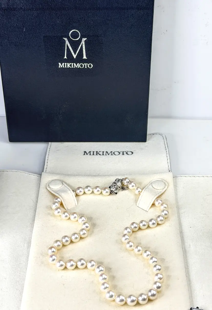 Vintage Mikimoto 7.5mm Akoya Pearl  18K White Gold necklace 16.25" 31.1g JR2038