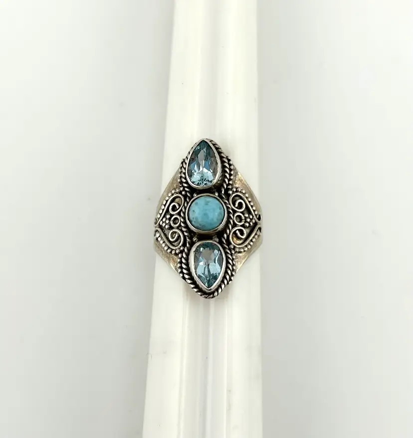 India Sterling Silver Ring with Blue Topaz and Larimar Size 8