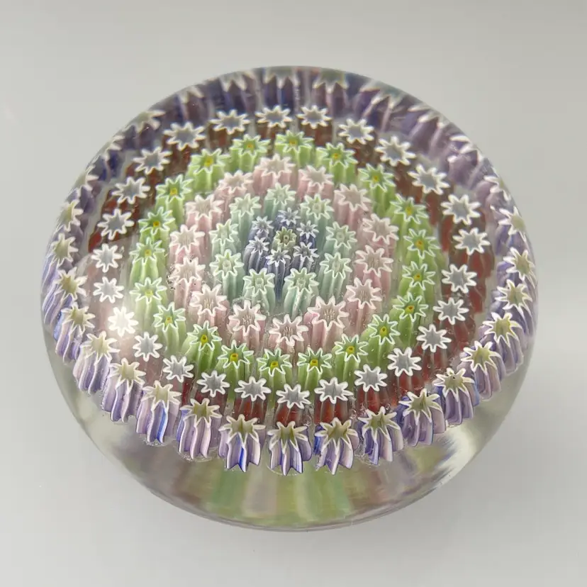 Early Perthshire (1972 to 1978) PP4 Concentric Millefiori on Clear Glass Paperweight Crieff Scotland Vintage 1.75x2.5"