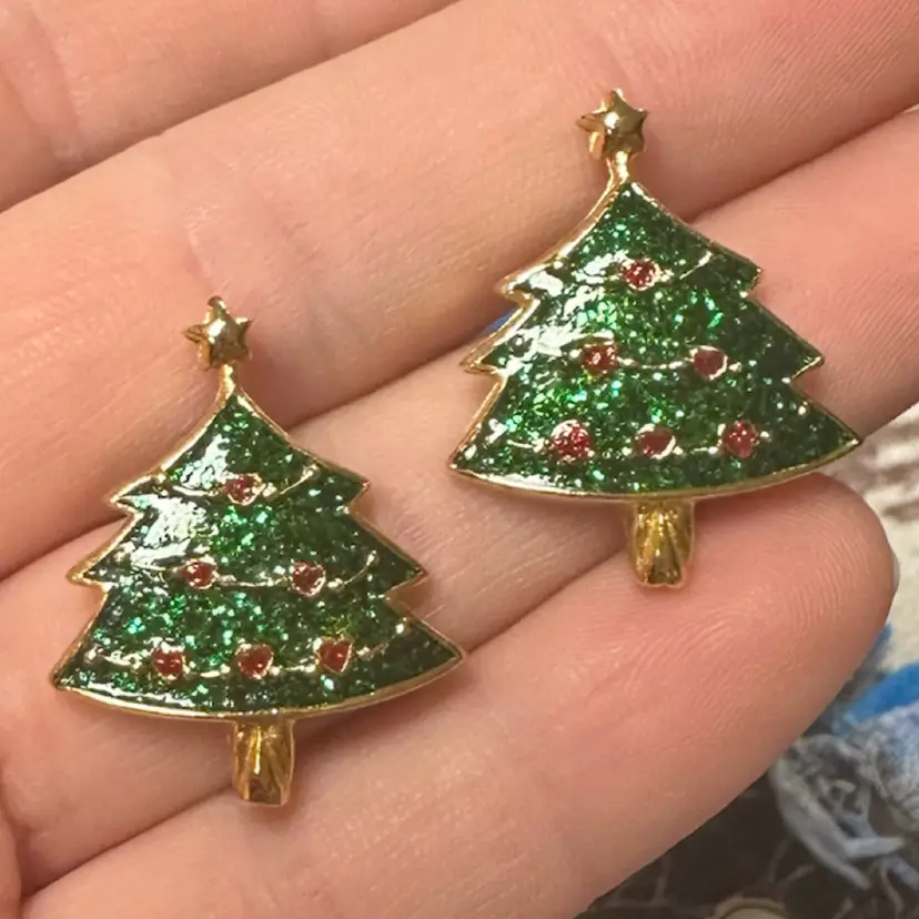 Gold Tone Enamel Christmas Tree Pierced Earrings