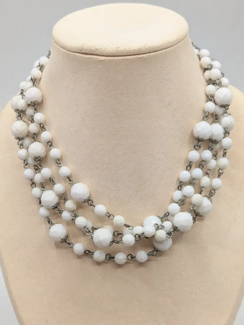 Vintage Silver Tone White Acrylic Faceted Beaded Necklace