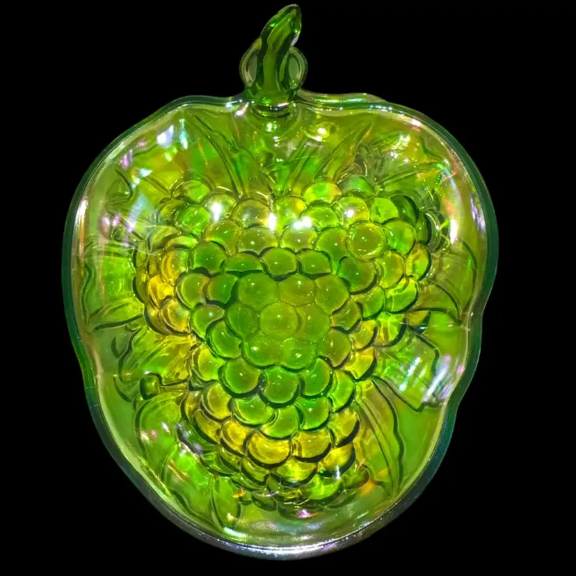 Indiana Carnival Glass Iridescent Green Grape Serving Bowl