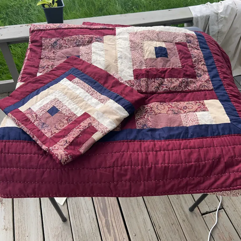 Red Blue Tan Quilt With Sham 90” X 64”