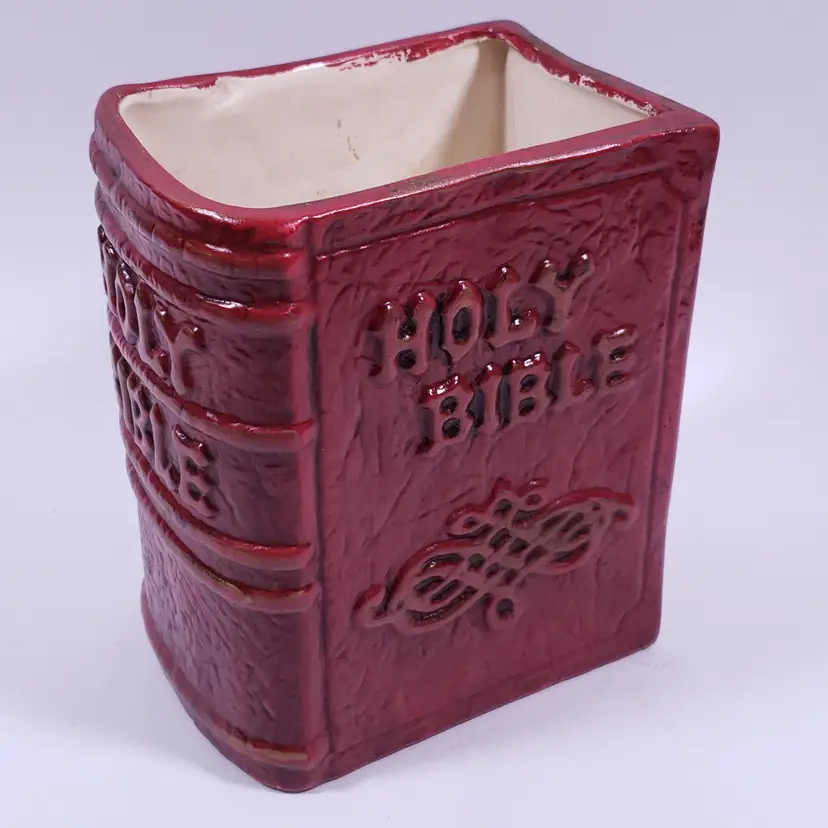 Vintage MCM HOLY BIBLE Hand Painted Red Gold Religious Decor Ceramic PLANTER